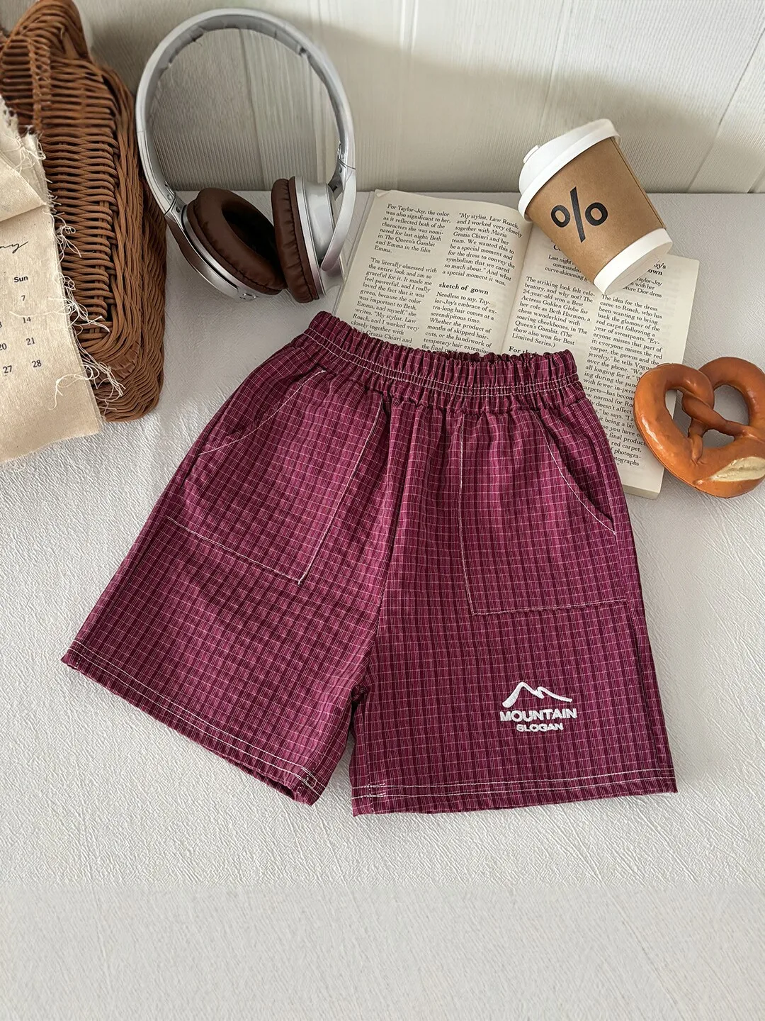 Kids Plaid Casual Shorts Mountain Print Loose Fit Bottoms Breathable Summer Boys Girls Daily Pants