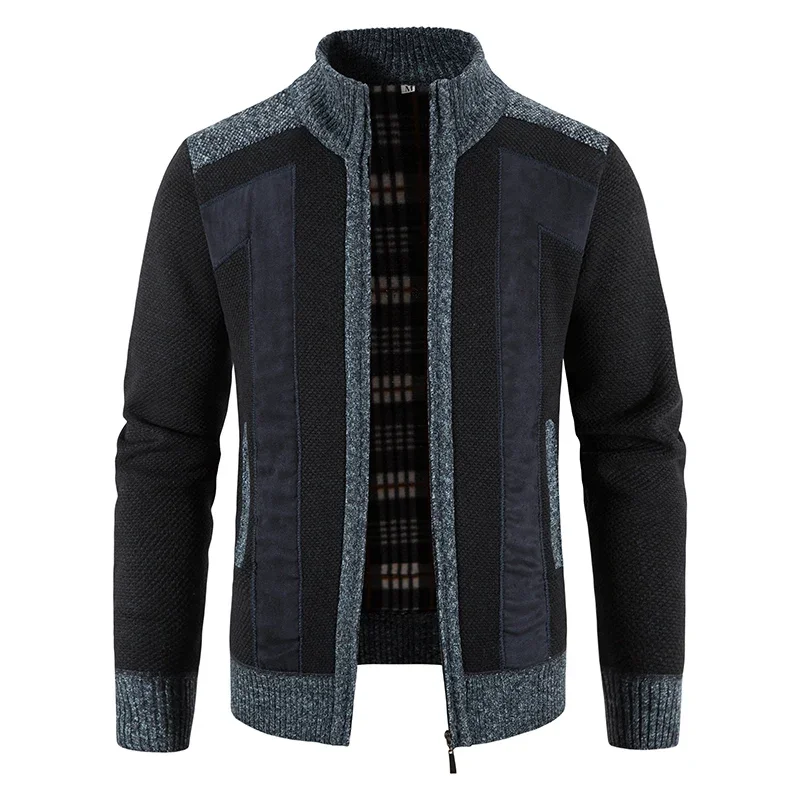 

New Autumn Winter Men Jacket Coat Knitting Outewear Patchwork Stand Collar Long Sleeves Warm Zipper Casual Jackets Mens Clothing