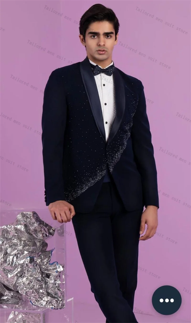 

Luxury Beaded Stone Men Suits Set 2 Pieces Blazer+Pants Trousers Black Wedding Tuxedos Jacket Formal Office Customized Male Coat