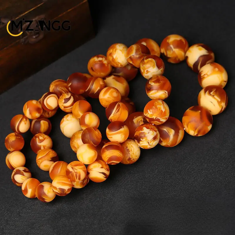 Natural Beeswax Amber Hand String Old Beeswax Tiger Skin Pattern Round Beads Single Ring Bracelet Men's and Women's Lucky Amulet