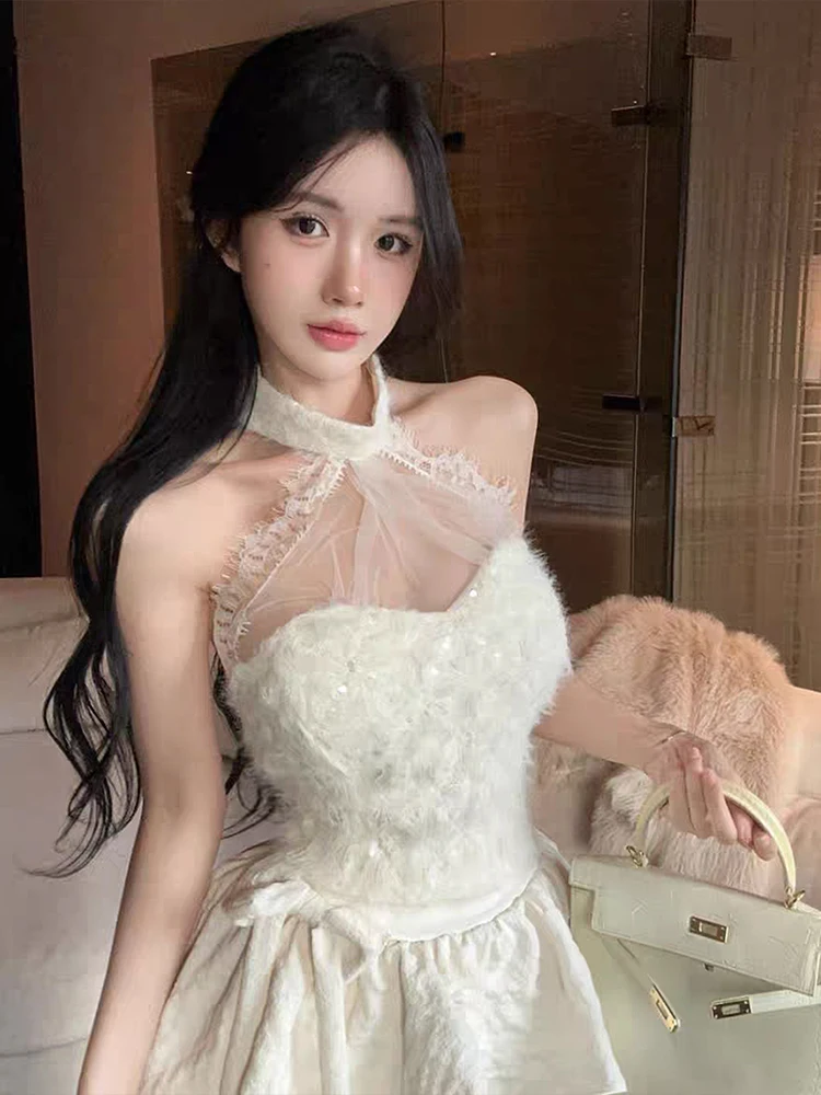 

Женский осенне-зимний топ-бандо из пайеток и кружева, меховой, с эффектом чистоты и соблазнения, базовый, в стиле Cisas, для создания модных образов