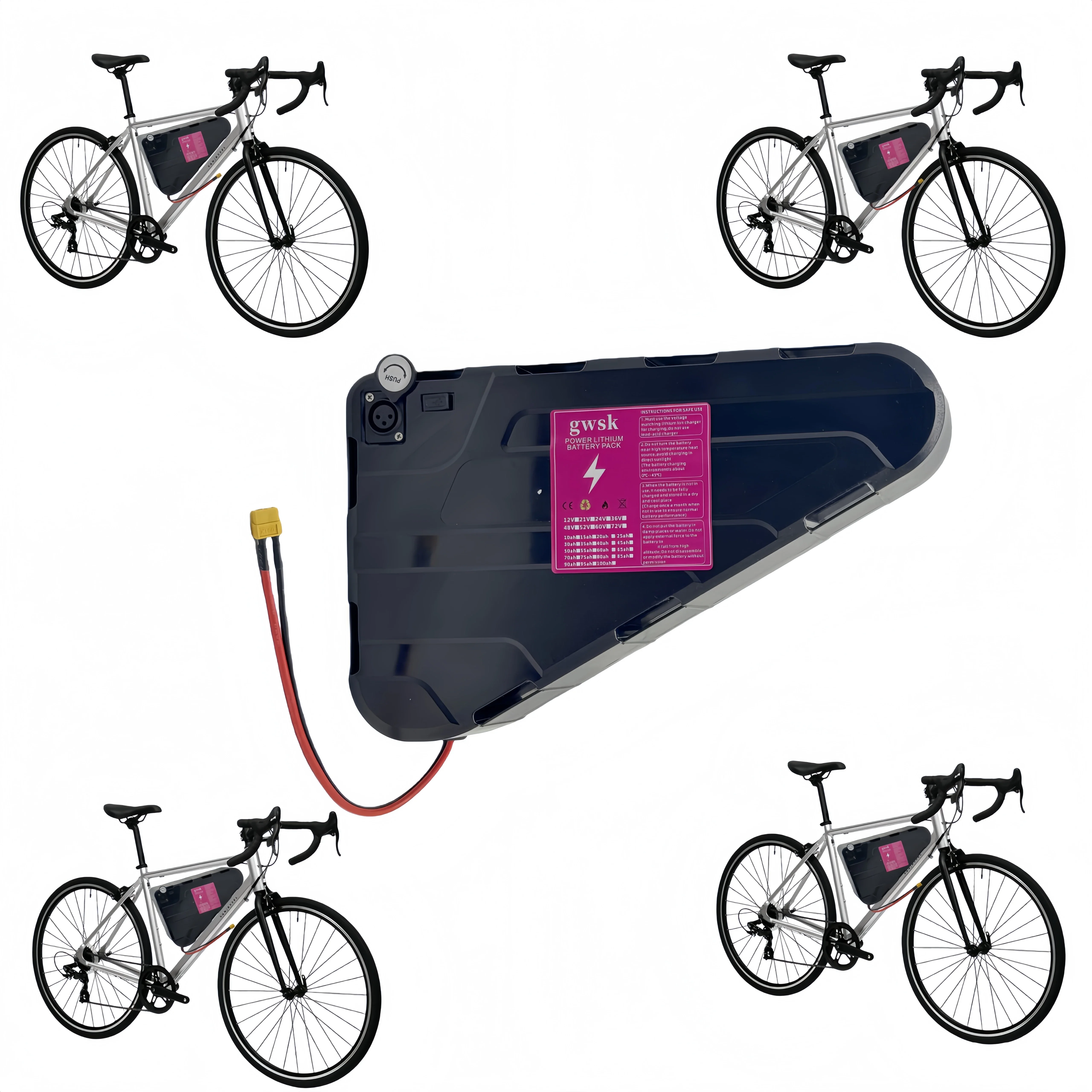 شحن جوي 52 فولت، 48 فولت/36 فولت سعة كبيرة مقاوم للماء غلاف صلب بطارية كهربائية قوية 350W500W750W1000W بطارية مثلثة