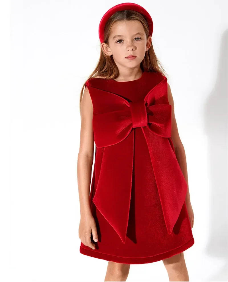 Vestido de fiesta rojo de Navidad para niñas, chaleco con lazo grande, pana, felicitación de Año Nuevo, 1-6T