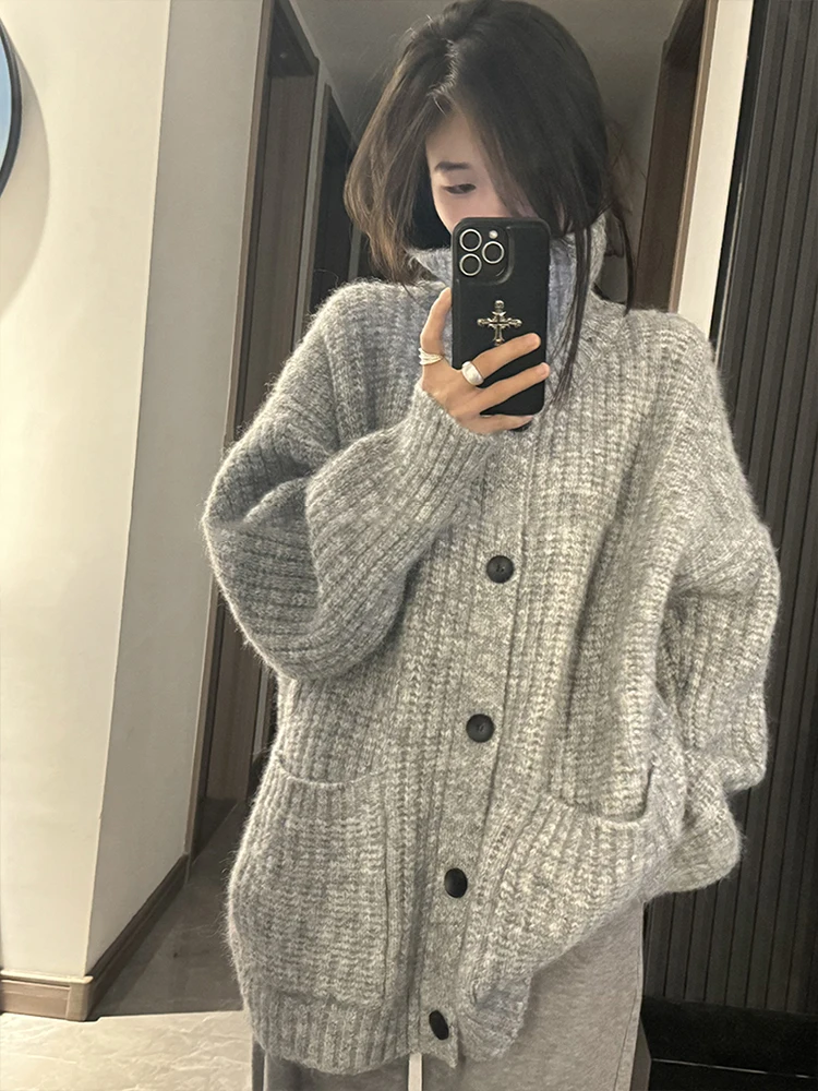 Americano retro alta ne malhas casaco feminino outono inverno solto comprimento médio aberto cardigan solto ajuste faion topo