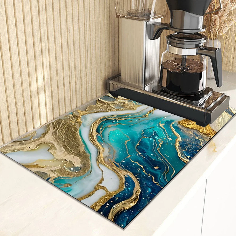 Super saugfähige Küchenmatte mit Marmor-Druck, Trockenmatte, schnell trocknend, Abtropfunterlage, Geschirrmatte, rutschfestes Geschirr, Kaffee-Tischset