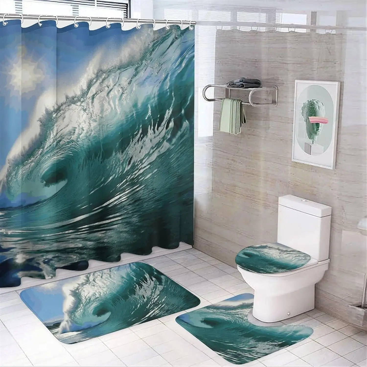 

Big Ocean Wave Shower Curtains Set 4 Piece with Non-Slip Rugs, Toilet Lid Cover and Bath Mat Soft Bathroom Carpet Waterproof Bat