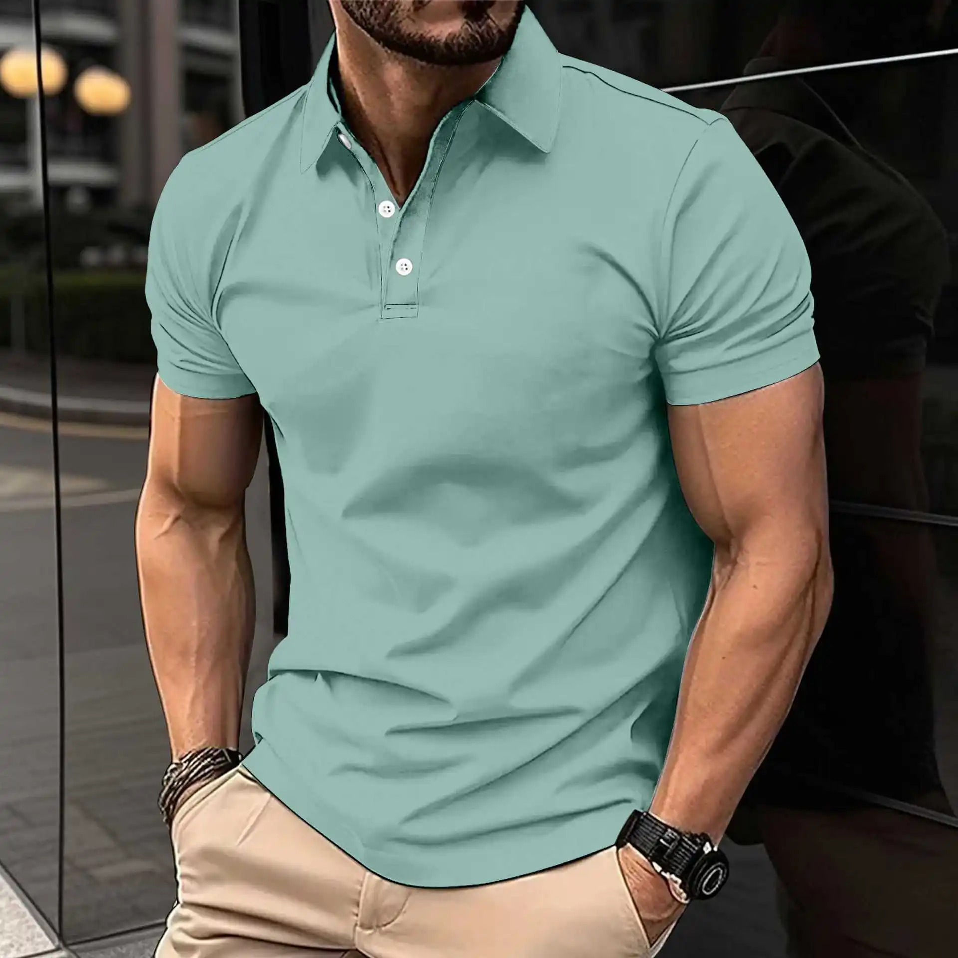 Men's Casual Top Solid Color Button-down Short-sleeved T-shirt Double-sided Pearl Breathable POLO Shirt Men's