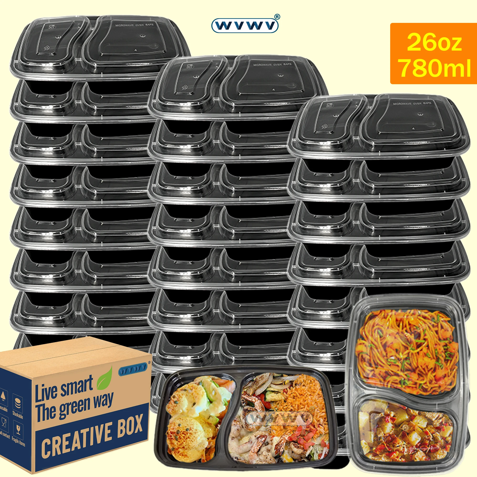10/40 Pack 26 oz Two-Compartment Food Lunch Boxes, Microwave/Dishwasher/Refrigerator Safe, Stackable with Lids, Reusable, Multi-Purpose for Fast Food, Cakes, Snacks, and Food Preservation - Perfect for Picnics, Christmas, Halloween, Graduation Season