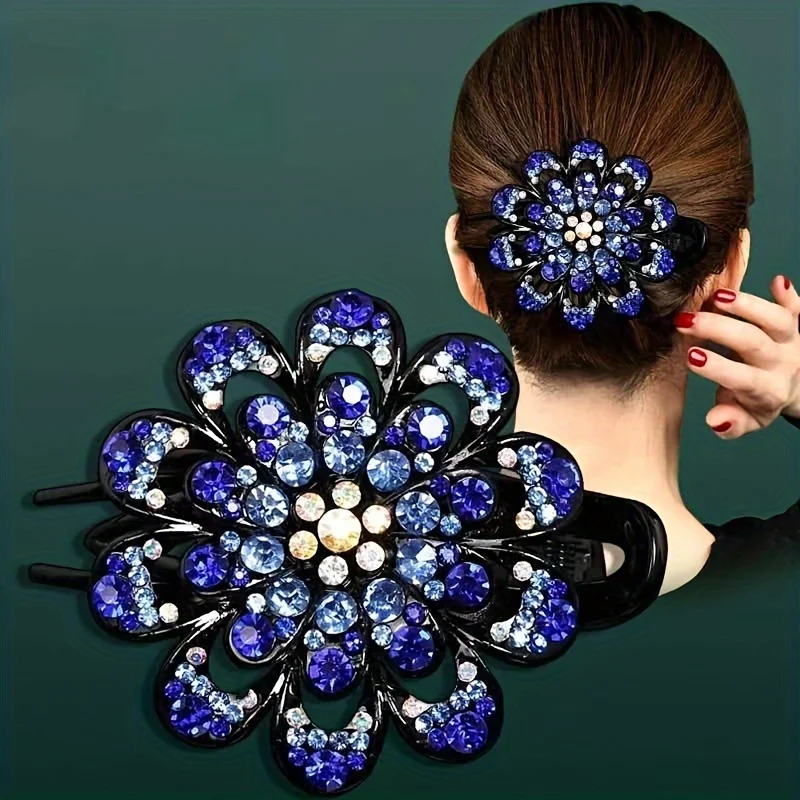 Korean Style Three-Prong Hair Claw Clip for Adults Elegant Rhinestone Flower Duckbill Hair Clip Anti-Slip Hair Grip for Flyaways
