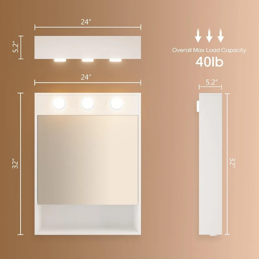 32x24 بوصة LED خزانة الطب مضاءة مرآة حمام ستبليس عكس الضوء 3000K 5500K درجة حرارة اللون الحائط ماكياج مير #2
