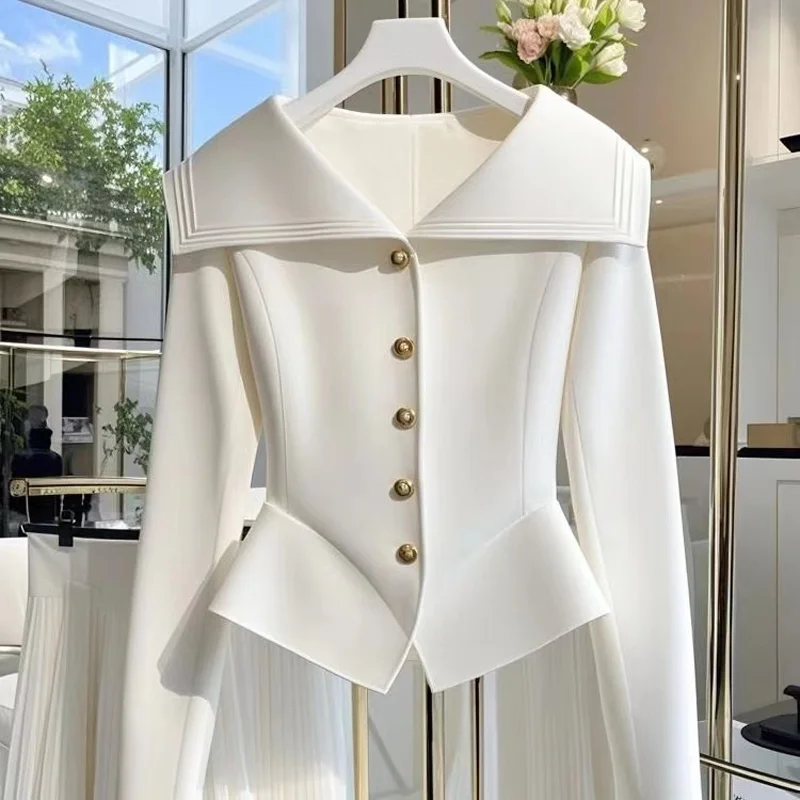 Luxury Autumn Women Long Sleeve Single Breasted Jacket White Elegant Unique Slim Cardigan Coat Y2K Vintage Tops Female New G724