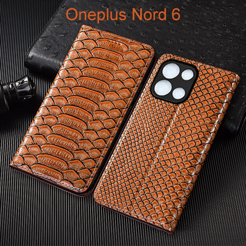 Genuine Leather Flip Case For Oneplus Nord 6 CE6 Lite Phone Cover Card Cases Python Pattern Handmade