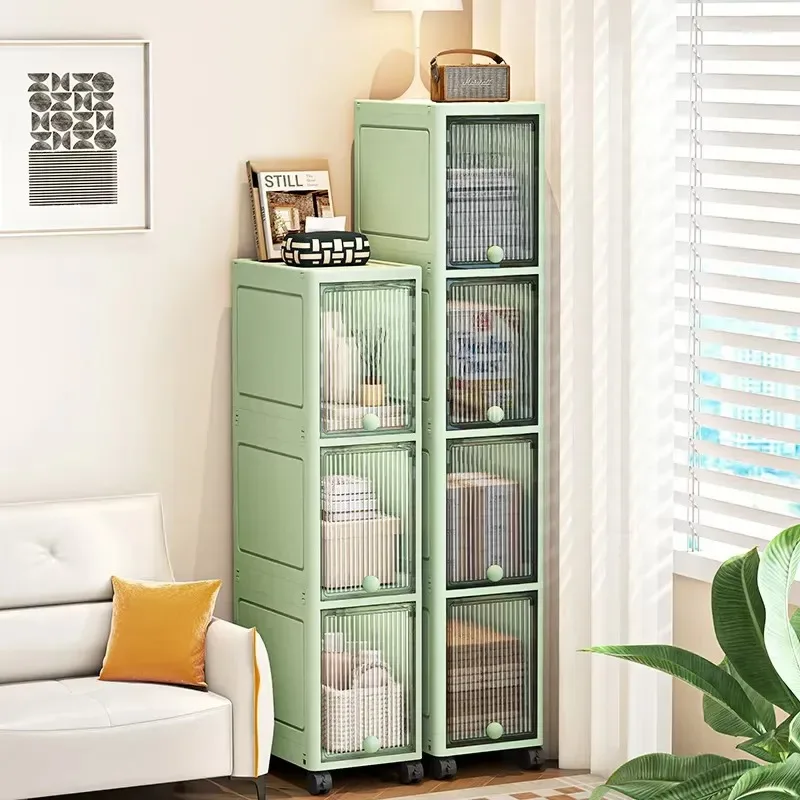 Slim Seam Cabinet Space-Saving Bookcase with Door Stackable Multi-Layer Rack Portable Movable Living Room Display Shelf