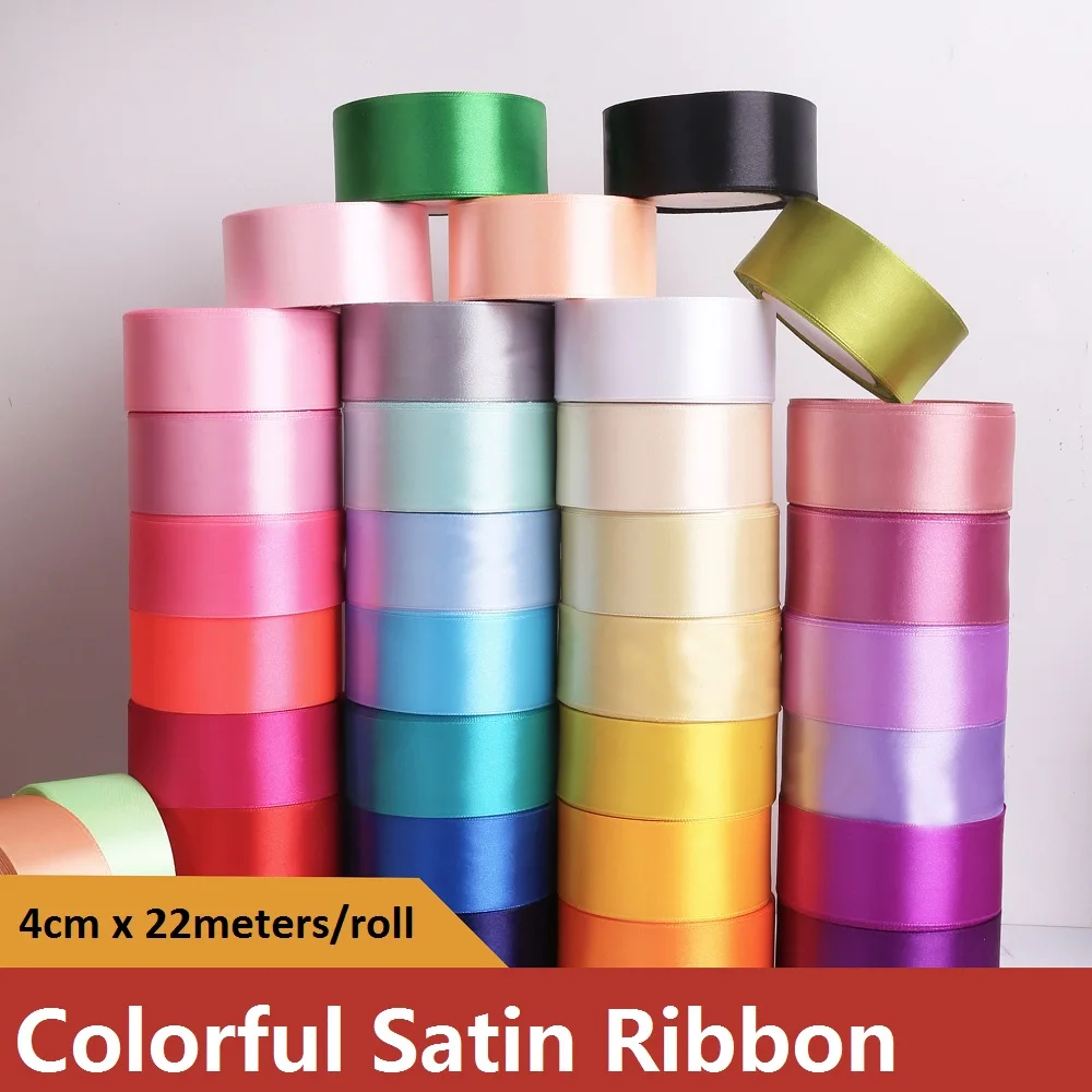 25 Yards/Rolle 4cm Satinbänder für Bastelarbeiten, Schleifen, DIY-Geschenkverpackung in Weinrot, Orange, Gelb, Grün, Blau, Lila, Schwarz, Grau, Gold, Weiß