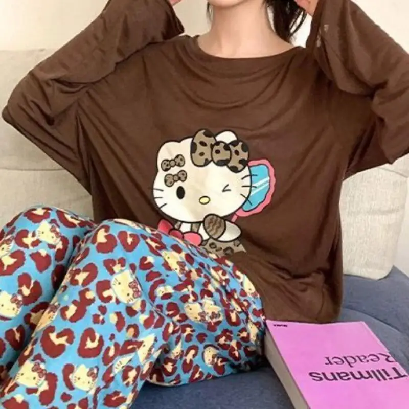 Sanrio nouveau pyjama mignon Hello Kitty imprimé léopard pyjamas fille printemps et automne Style manches longues ensemble maison vêtements pyjamas