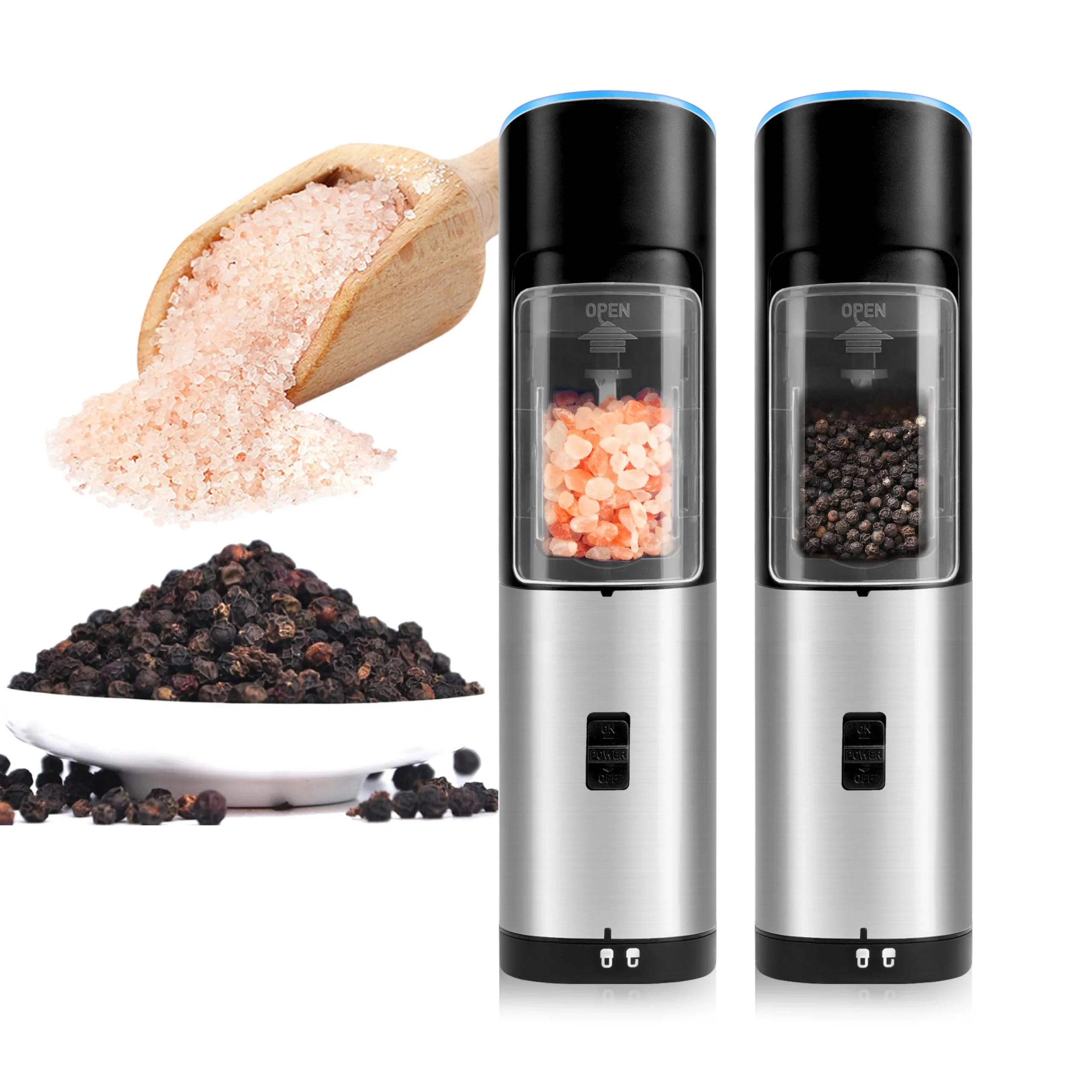 

Electric Stainless Steel Salt Pepper Grinder with LED Light Adjustable Coarseness Gravity Automatic Spice Mill Set Kitchen Tools