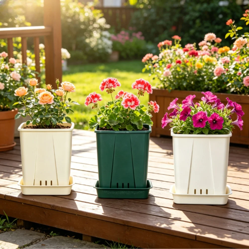 Thickened Plant Containers With Tray Square Plant Pot Breathable Bottom Design Thickened Pp Resin Crack Resistant Material