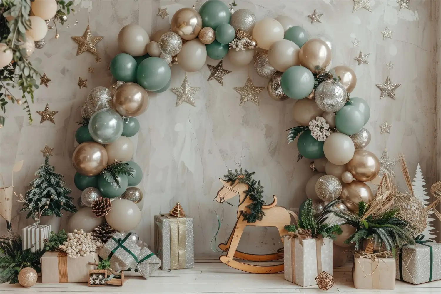 Fondo de fotografía de globos, caja de regalo de caballo de madera, decoración de fiesta de cumpleaños para niños, Baby Shower, pastel, zona de retrato, fondo