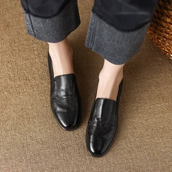 Spring Loafers  Real Leather Cowhide Women Flat Shoes Square Toe Woman Shoes Lazy Slip-On Vintage Loafers Lady Casual Walk Shoes