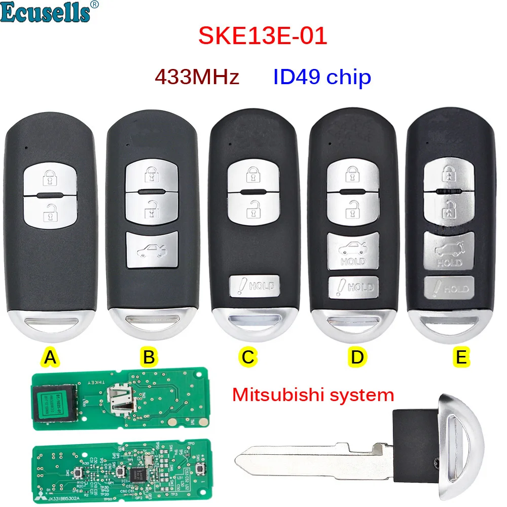 

2/3/4 Button smart card Remote Key Fob 433Mhz ID49 Chip for Mazda 2 3 6 CX-5 CX-3 MX-5 With emergency key blade SKE13E-01