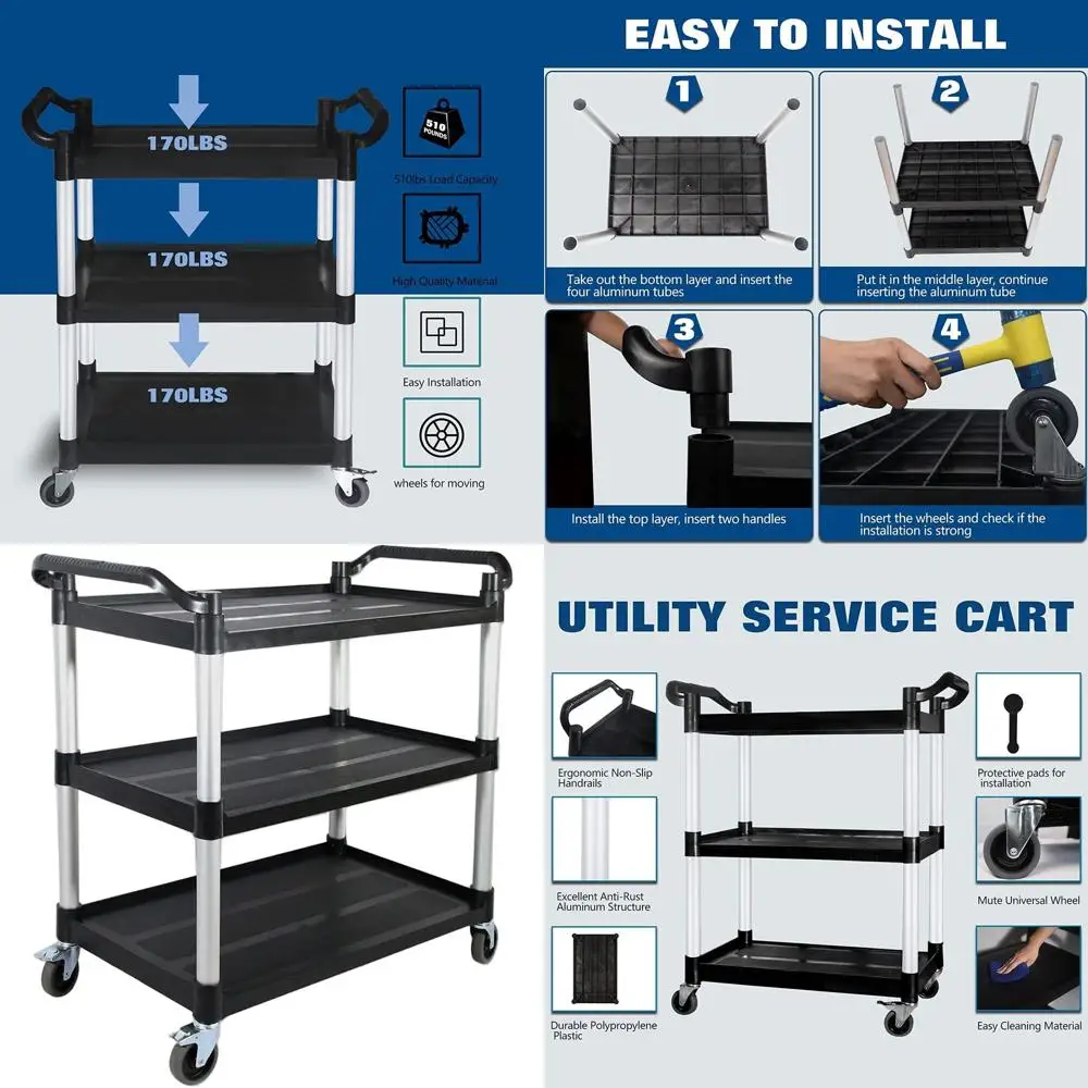 

Большая прочная пластиковая тележка для ресторана с блокируемыми колесами, универсальная тележка для коммерческого использования, 40,1 длины х 19,2 ширины х 38,5 высоты, черная