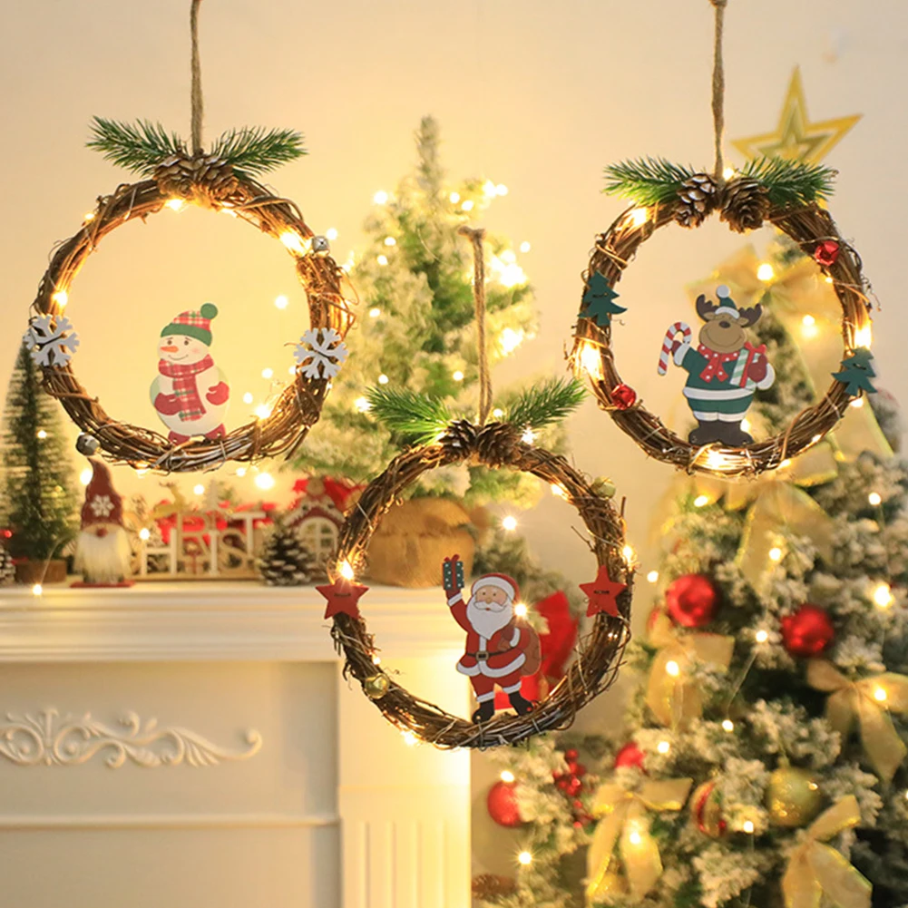 Corona de Navidad de Papá Noel, colgante decorativo para pared, puerta, ventana, ciervo, muñeco de nieve, decoración colgante para árbol de Navidad, Festival de vacaciones