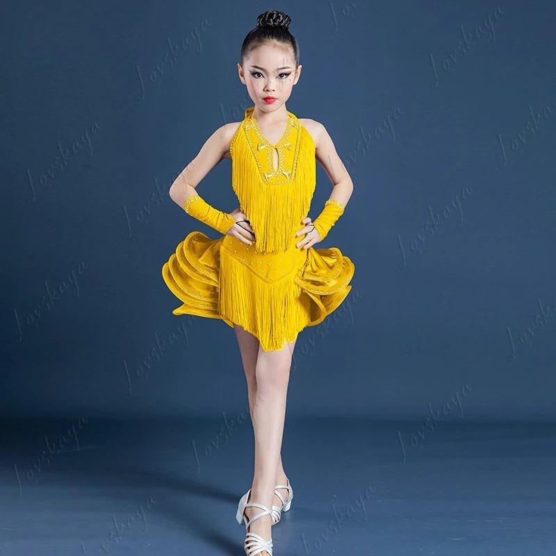 Latein-Tanz-Performance-Outfit für Kinder – Mädchen-Rock mit Fransen, einteiliges Performance-Outfit, professionelles Wettkampf-Outfit