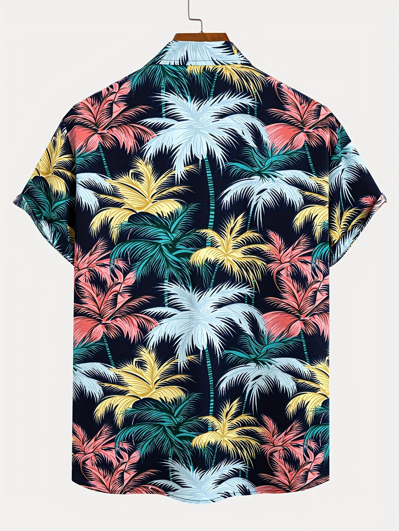 Camisa de lapela masculina de manga curta, estilo havaiano, padrão tropical de coqueiro, tops grandes, férias de verão