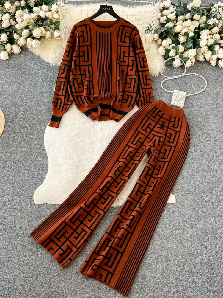 Fashion Knitted Two Pieces Suits Round Neck Labyrinth Print Loose Sweater+Wide Legs Long Pants Women Korean Style Casual Sets