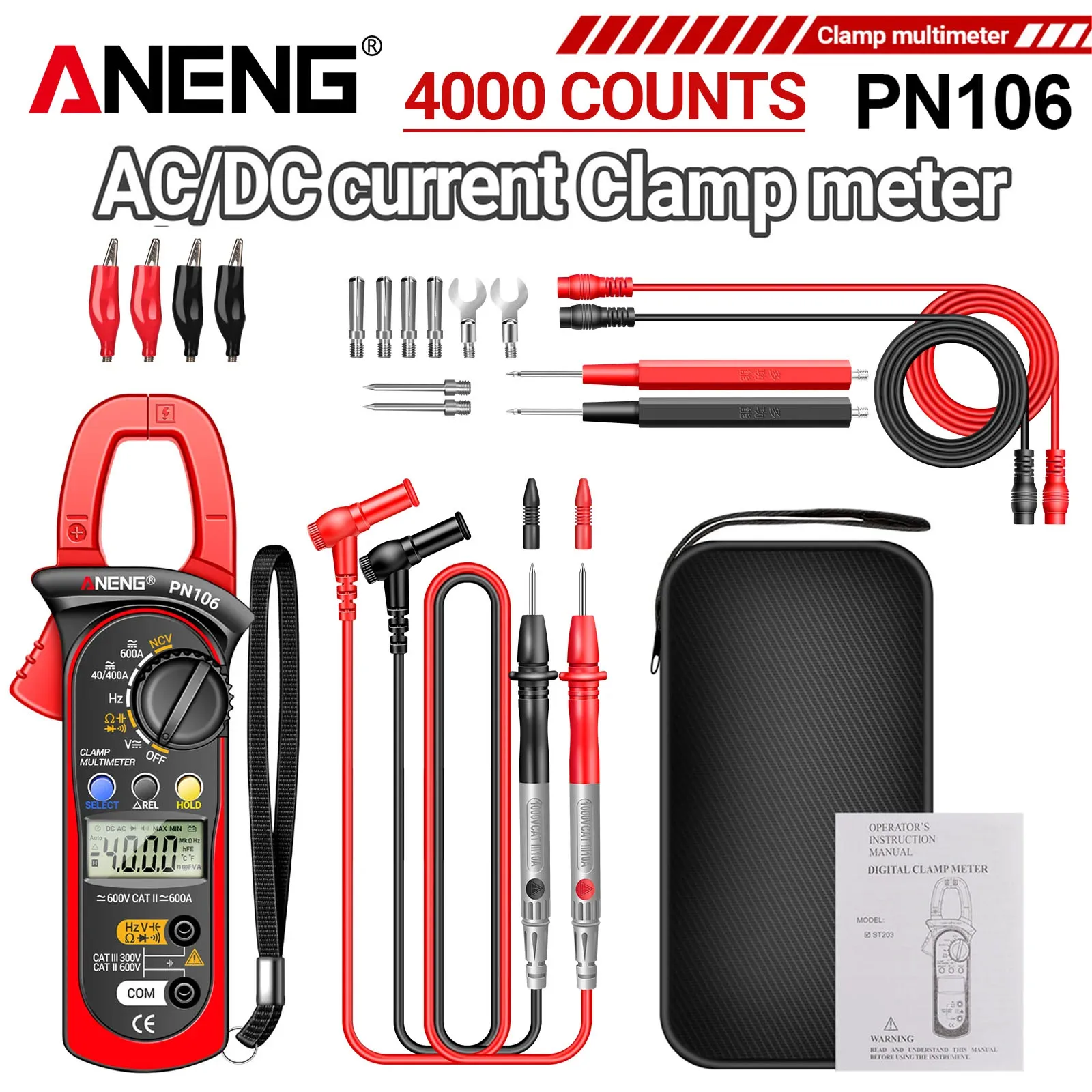 

ANENG PN106 True RMS Clamp Meter 4000 Counts Auto Range Multimeter with NCV Data Hold Overload Protection for Electrical Work