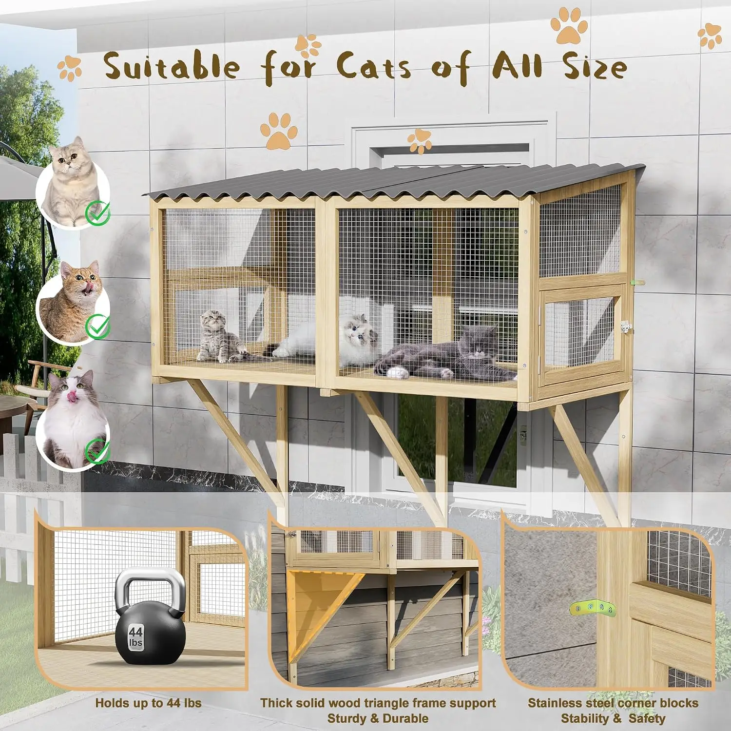 Large Cat Window Perch & Outdoor Enclosure, Wooden Hammock for Sunbathing & Napping, Patio Sight Cage, 82.6