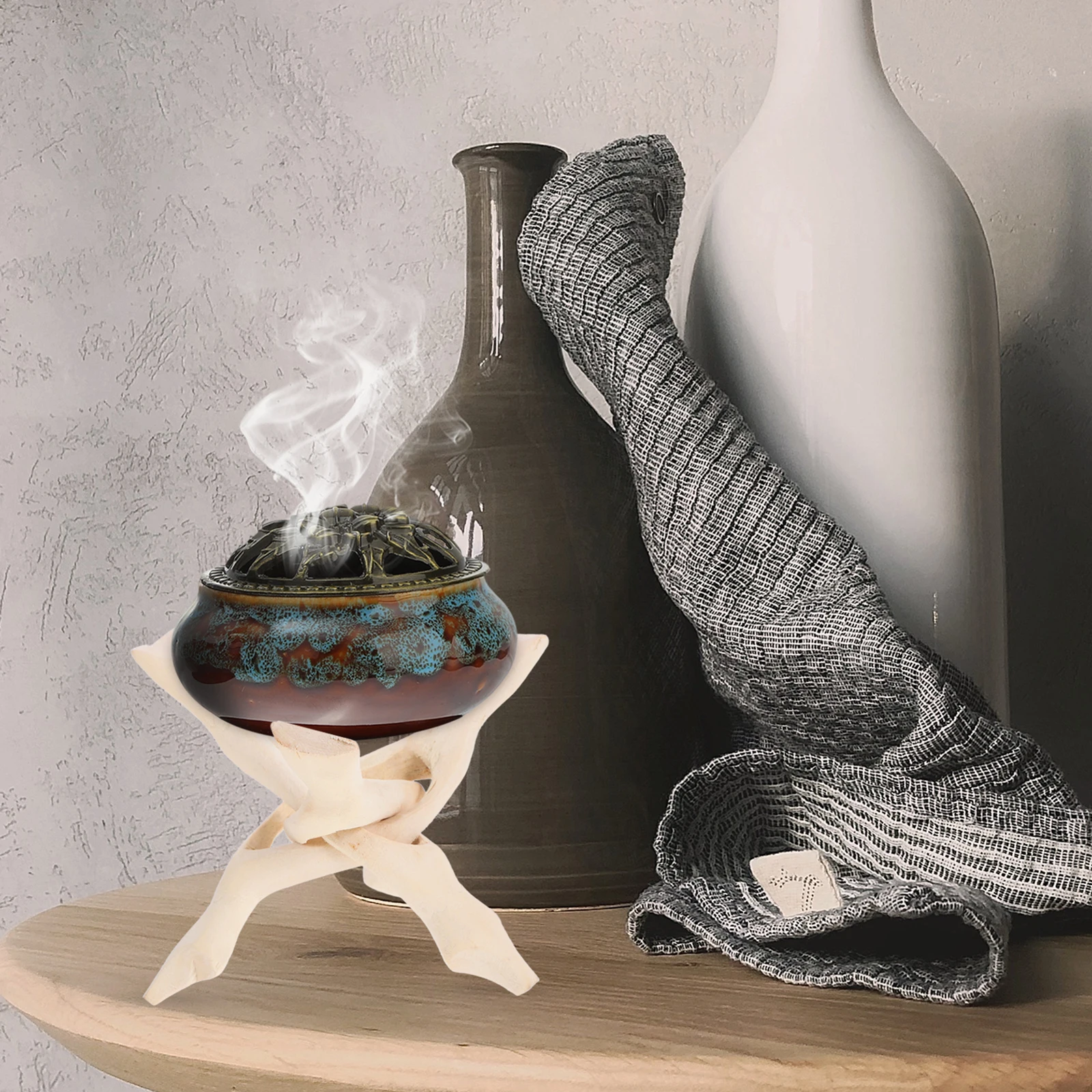 

Wooden Tripod Stand White Rustic Crystal Ball Display Incense Burner Abalone Shell Holder Sage Stick Rack Home Decor Mini Model