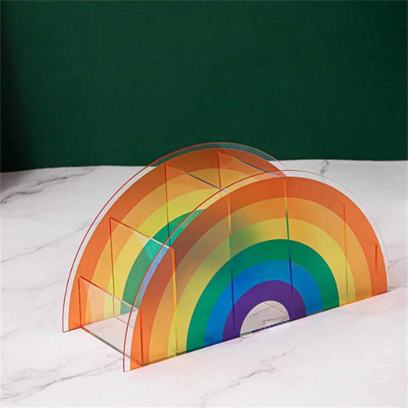 Porte-stylo arc-en-ciel coloré, boîte de rangement de bureau avec 5 compartiments, design demi-cercle pour étudiants, école