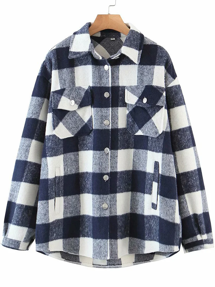 

Winter Plaid Jacket Women Casual Oversize Blouse Jacket Loose Lapel Shirts Female Vintage Chic Button Outerwear With Pockets