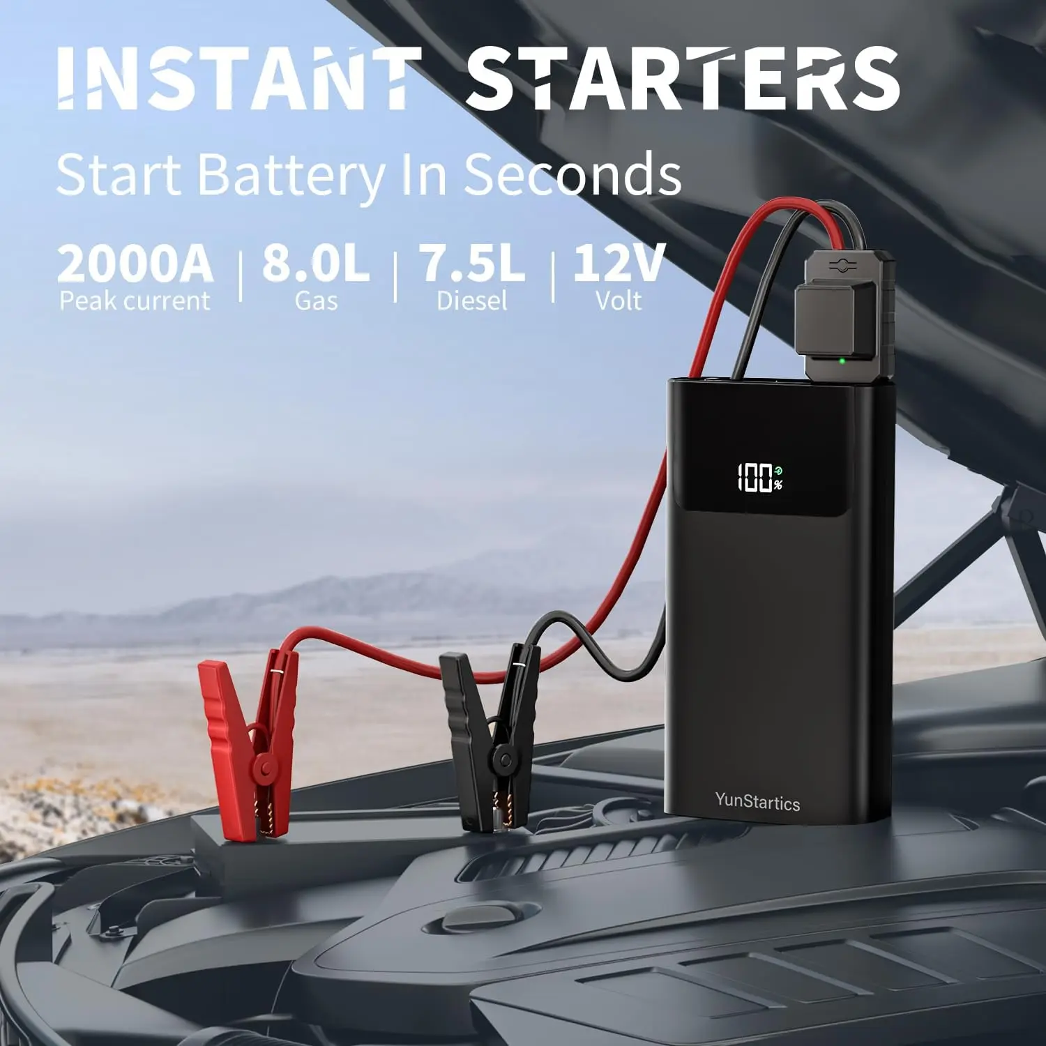 بطارية السيارة Jump Starter 2000A، صندوق قفز 12 فولت للغاز 8.0 لتر/7.5 لتر، كابلات ذكية، 3 أوضاع إضاءة، شاشة LCD #2