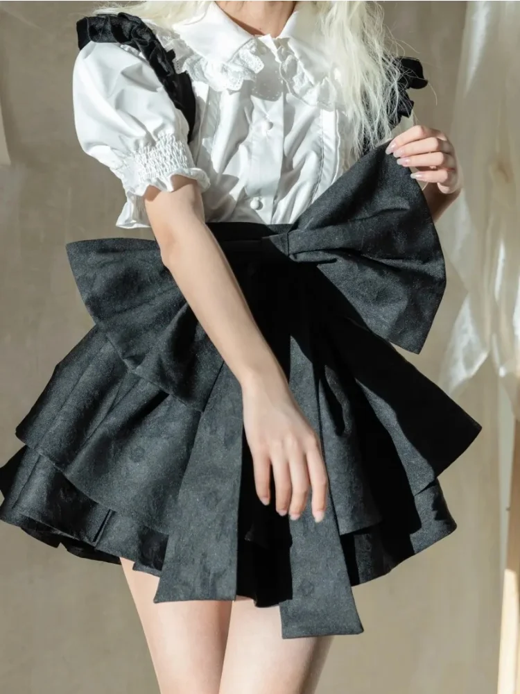 DEEPTOWN Kawaii Lolita Skirt Women Japanese Fashion High Waist A-line Bow Bandage Vintage Mini Ruffles Suspender Skirt Summer