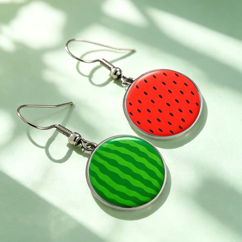 Asymmetric Watermelon Round Glass Dangle Earrings Cute Fruit Jewelry For Women Summer Vacation Accessory