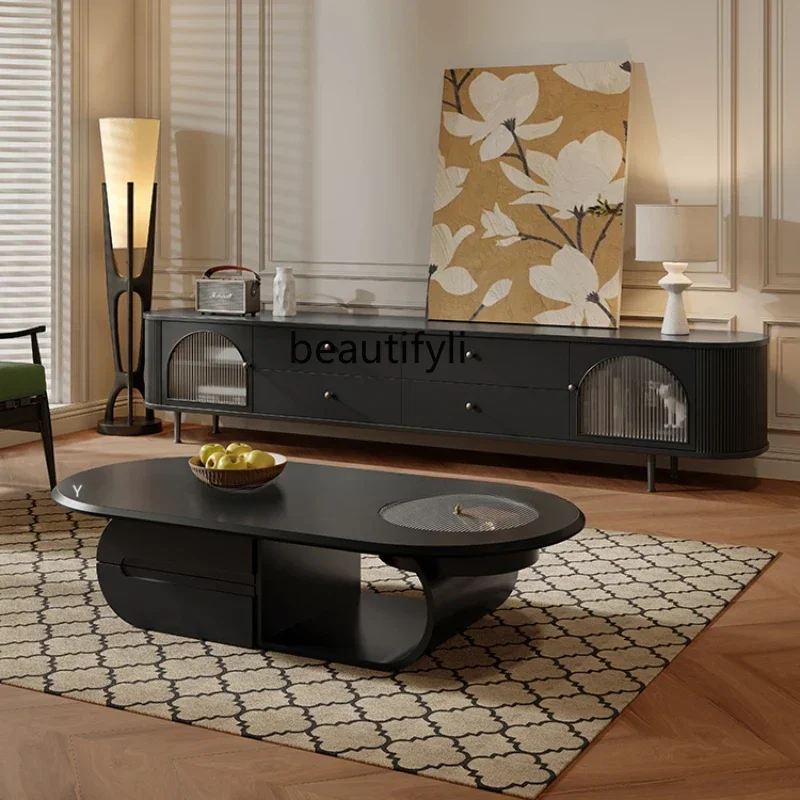 Chinese Ancient Style Living Room Coffee Table Home Tea Table Simple Modern Black Oval Coffee Table