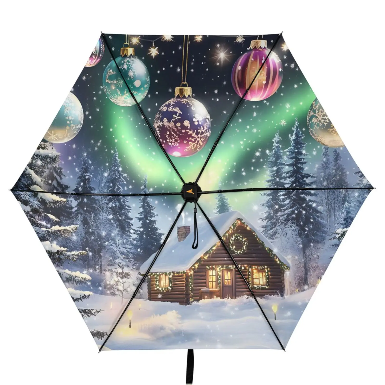 Three Folding Umbrella Parasol Women Anti-UV Sun Protection Umbrella Outside Black Coating 6 Ribs Christmas element print