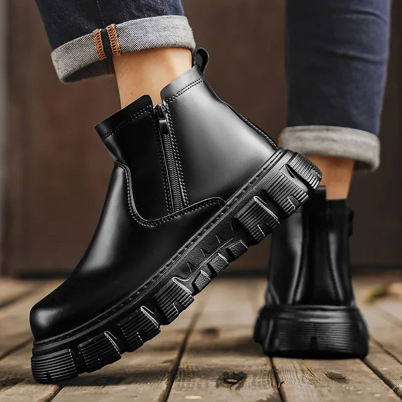 Men High Top Platform Boots Fashion Retro Men High-top Tooling Boot Botas Para Hombre British Style Black High-end Chelsea Boots