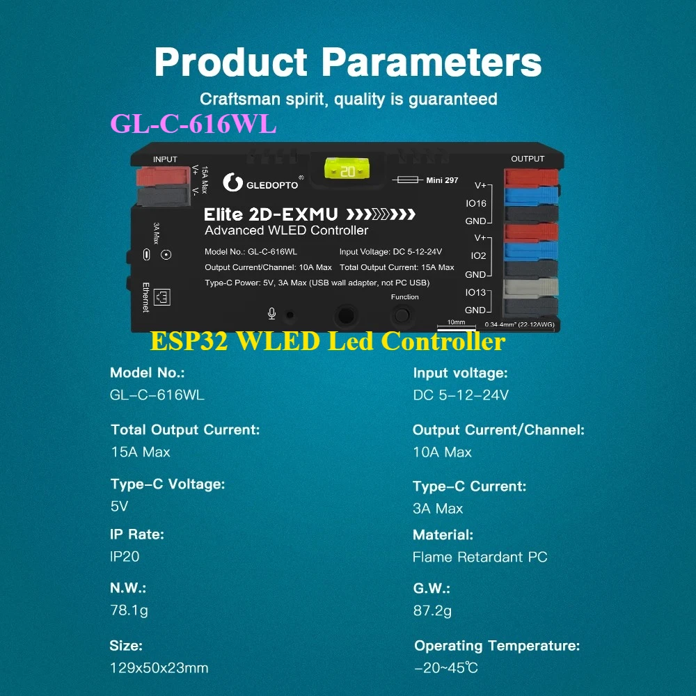 

GL-C-616WL ESP32 WLED Усовершенствованный светодиодный контроллер Elite Ethernet Музыка Реактивное энергосбережение Реле 20А Предохранитель DIY Динамический свет Цифровой