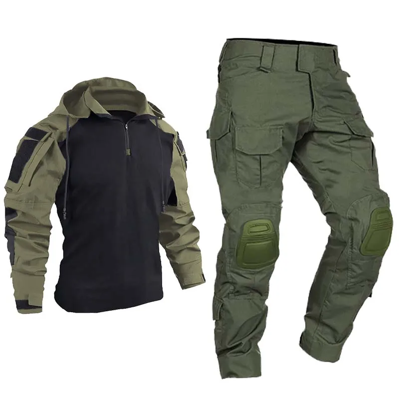 Softair Tactical Suits Work Clothing Uniform Multi Pockets Combat Camo Shirts Hood Cargo Knee Pads Pants Men Hunting Clothes