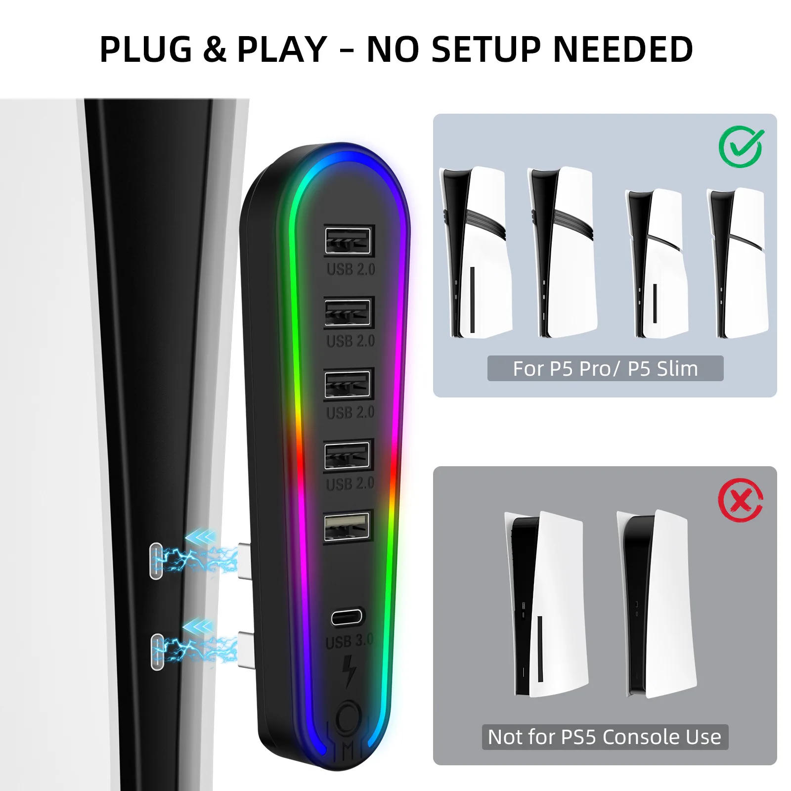 

6 in 1 USB 2.0 HUB Splitter Expander Hub Charger Controller Splitter Expansion Adapter RGB lighting For PS5pro/PS5slim