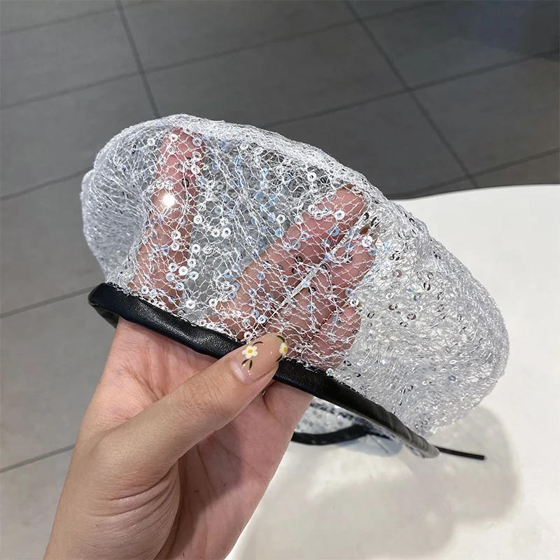 Thin Sequin Mesh Hat Women Spring Summer Niche Personality Sweet Cool Beret Fashion Lace Cutout Painter Hat Designer Baotou Hats