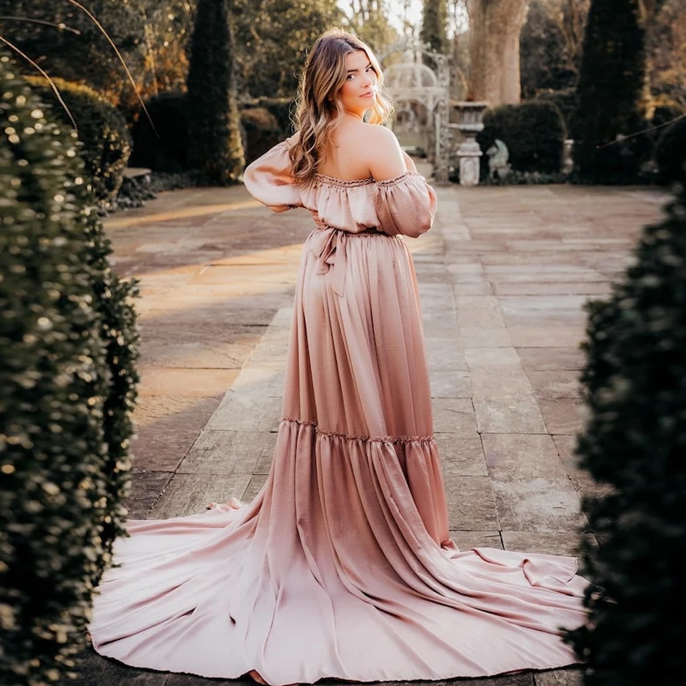 

Maternity Photography Gown Soft Satin Off Shoulder Pregnant Woman Two piece set Dresses Bohemian Photo Shooting Pregnancy Dress