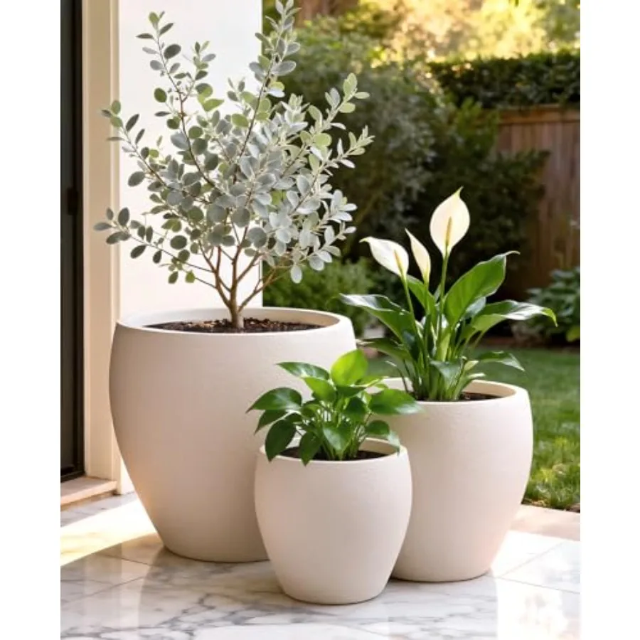 Large plastic flower pots for outdoor use, black, with drainage holes, 14.5/12/9.6 inch set of 3