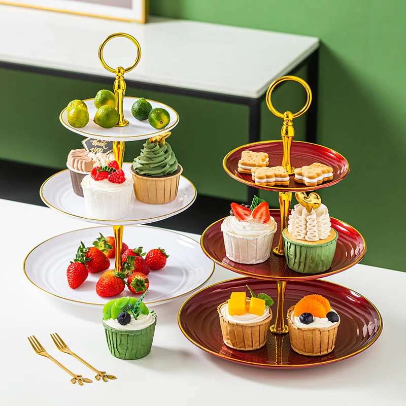 

Three-layer dim sum rack plastic dried fruit plate wedding cake plate Phnom Penh fruit plate light luxury storage rack