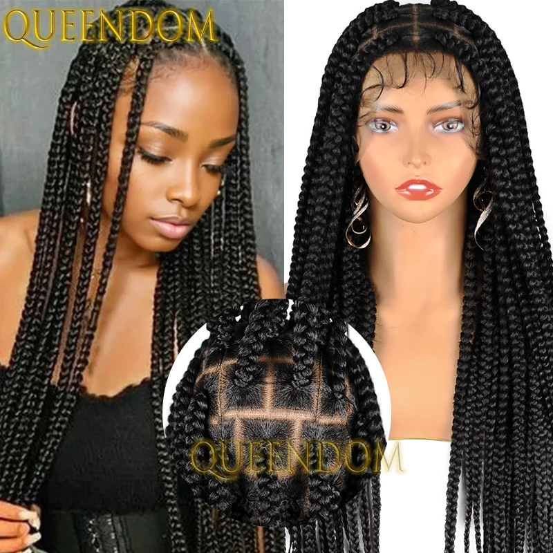 36 ”Synthetische Jumbo Knooploze Doos Gevlochten Pruik Full Lace Grote Cornrow Plait Vlechten Pruik Voor Zwarte Vrouwen Kant Frontale Faux Locs Pruik