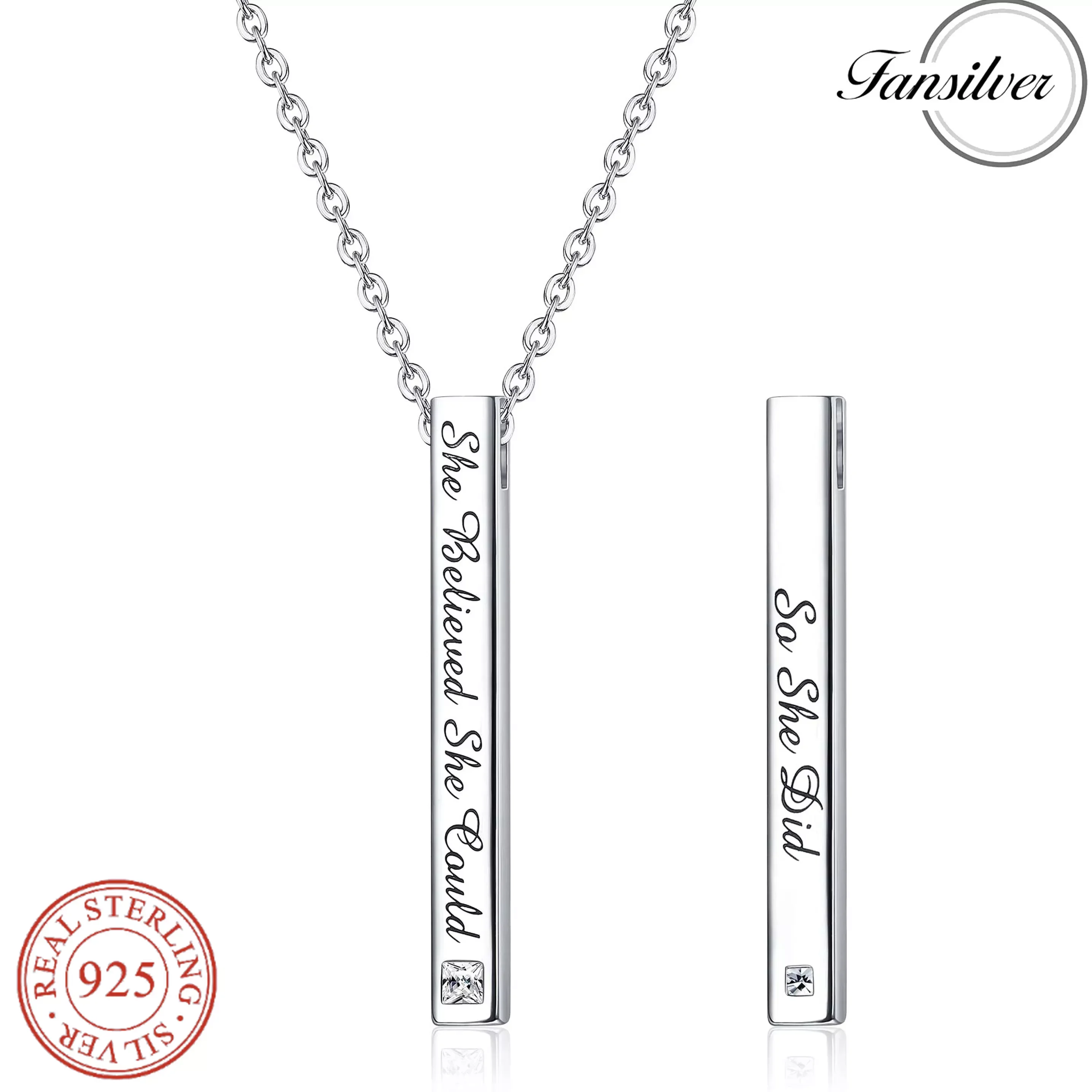 Fansilver S925 Sterling Silver Engraved Necklaces Rectangular Pendant Platinum Plating O-Chains Neck Chain Gift For Friends