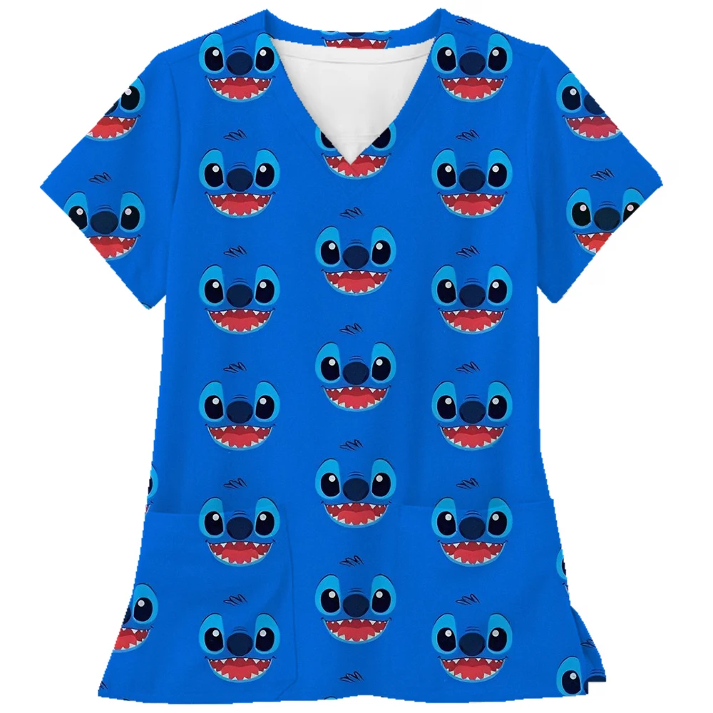 Disney Stitch พิมพ์ขัดผู้หญิงผ้ากันเปื้อนครูขัดเครื่องแบบ Pet Grooming พยาบาลสปา Caring เสื้อ uniformes de enfermería pa